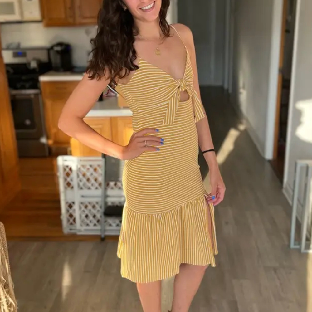 Saylor Mustard Striped Midi Slip Dress MEDIUM Bodycon Vacation Bow Pinup $200 - Picture 8 of 15
